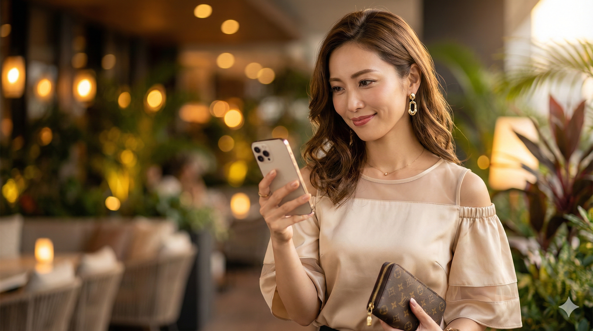 マッチングアプリで運命の出会い_スマホを見て微笑む洗練された女性 高級ラウンジでスマートフォンを見ながら意味ありげに微笑む洗練された女性。手にブランド財布を持っている
