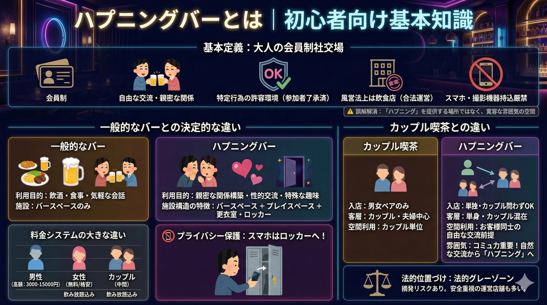 ハプニングバーの基本定義、一般的なバーやカップル喫茶との違い、料金システム、プライバシー保護ルール、法的位置づけなどを初心者向けに解説したインフォグラフィック