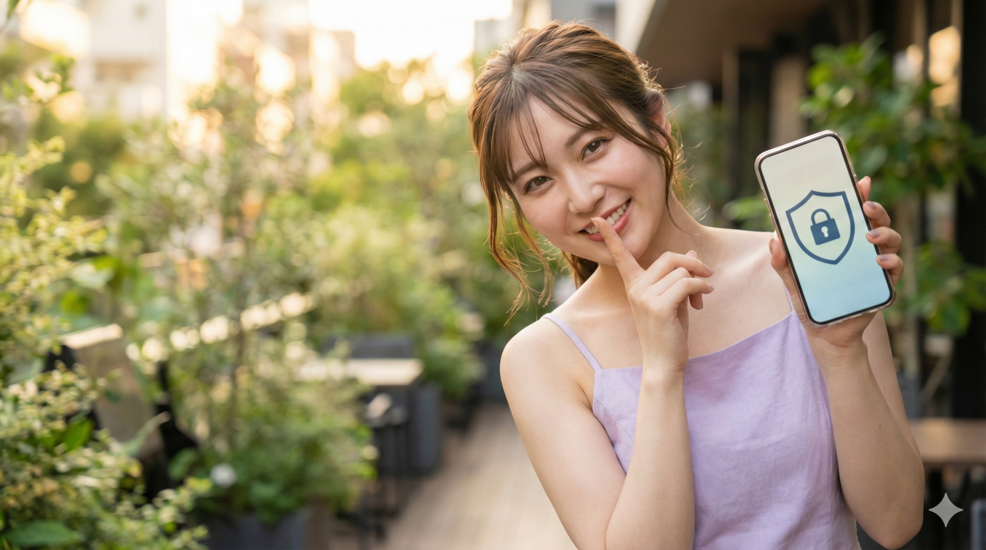 人差し指を口元に当てて内緒のポーズをし、セキュリティアイコンが表示されたスマートフォンを見せる笑顔の若い女性