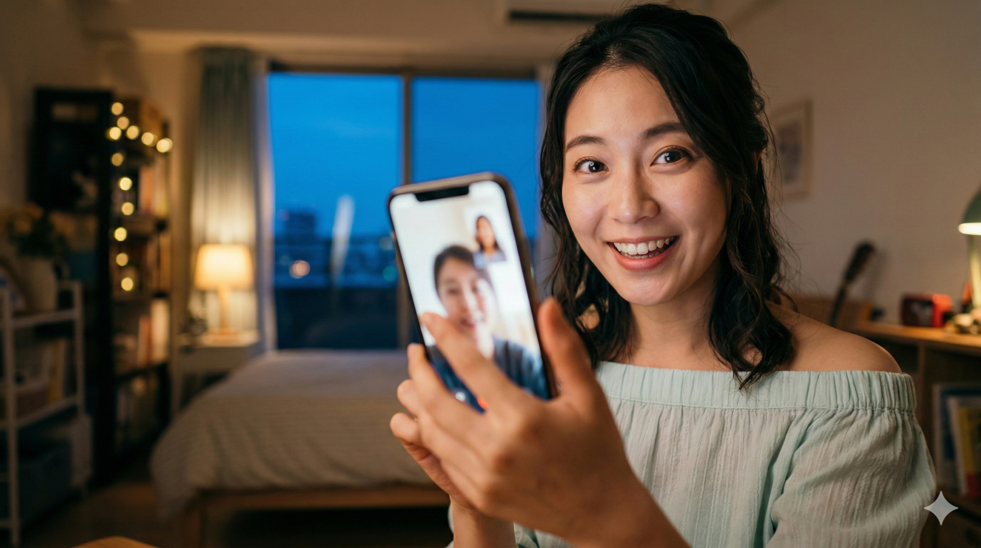 夕暮れの寝室で、スマートフォンを持って笑顔でビデオ通話をする日本人女性