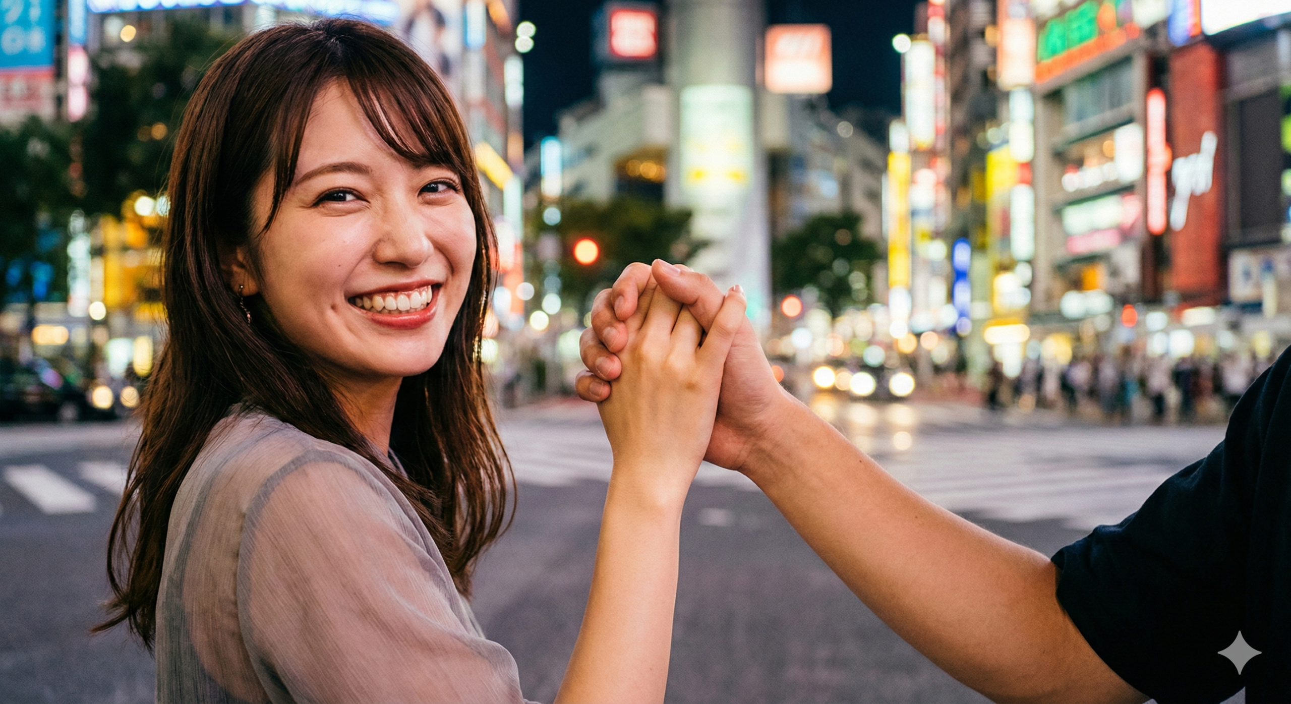 都会の夜景を背景に、笑顔で男性と恋人つなぎをする若い日本人女性