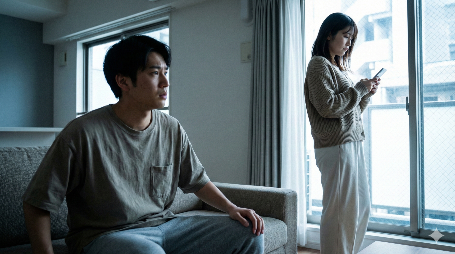 モダンな日本のマンションのリビングで、ソファに座り心配そうな表情の男性と、窓際でスマートフォンを見つめる女性。二人の間には心理的な距離と緊張感がある