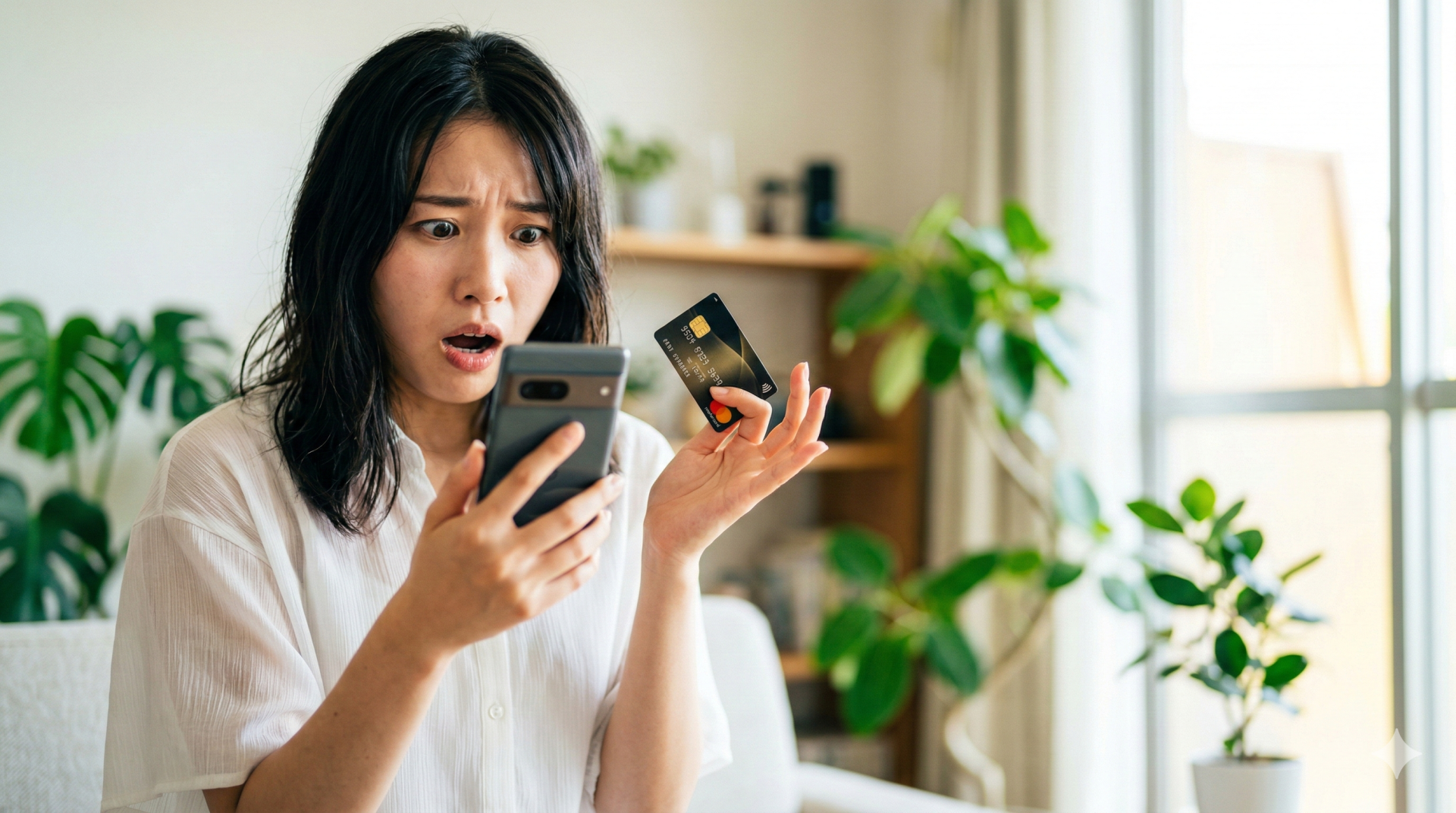 予期せぬ請求に驚く日本人女性の焦り スマートフォンを見つめて焦る日本人女性