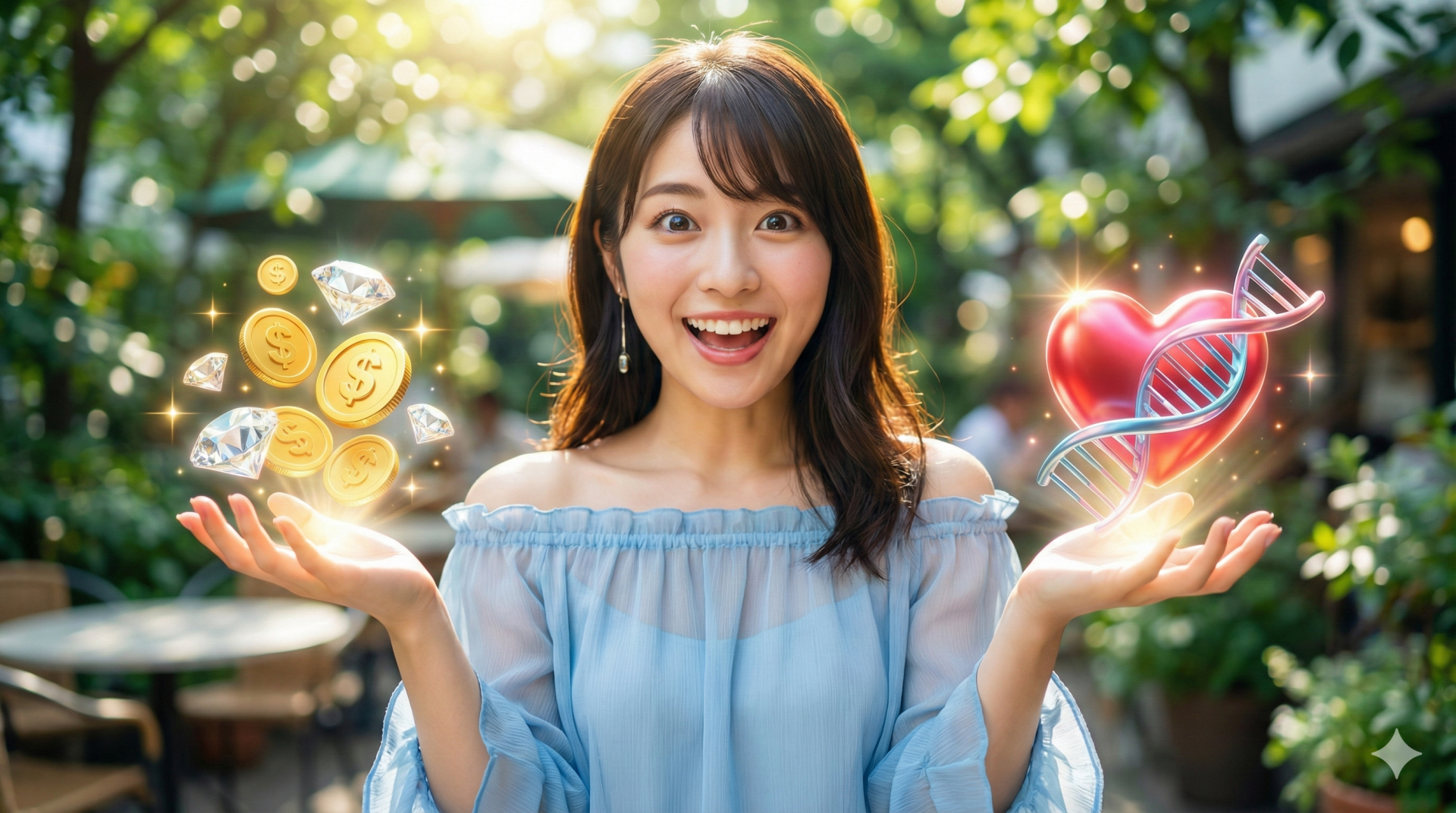 夏のカフェで富と愛のDNAホログラムを持つ女性 夏のカフェで、金貨とダイヤモンド、ハートとDNAの光る3Dホログラムを両手に掲げ、驚きと喜びの表情を見せる若い日本人女性