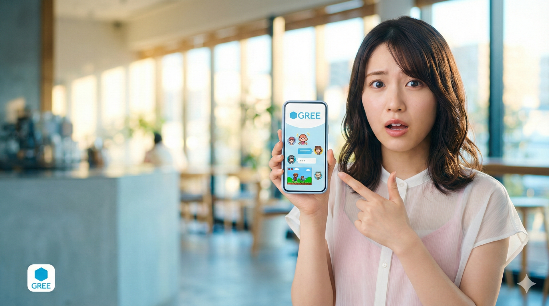 GREEのソーシャルゲームアプリに驚く日本の若い女性 YouTubeサムネイル 驚いた表情でスマートフォンを持ち、画面上のGREEのゲーム画面を指差す女性