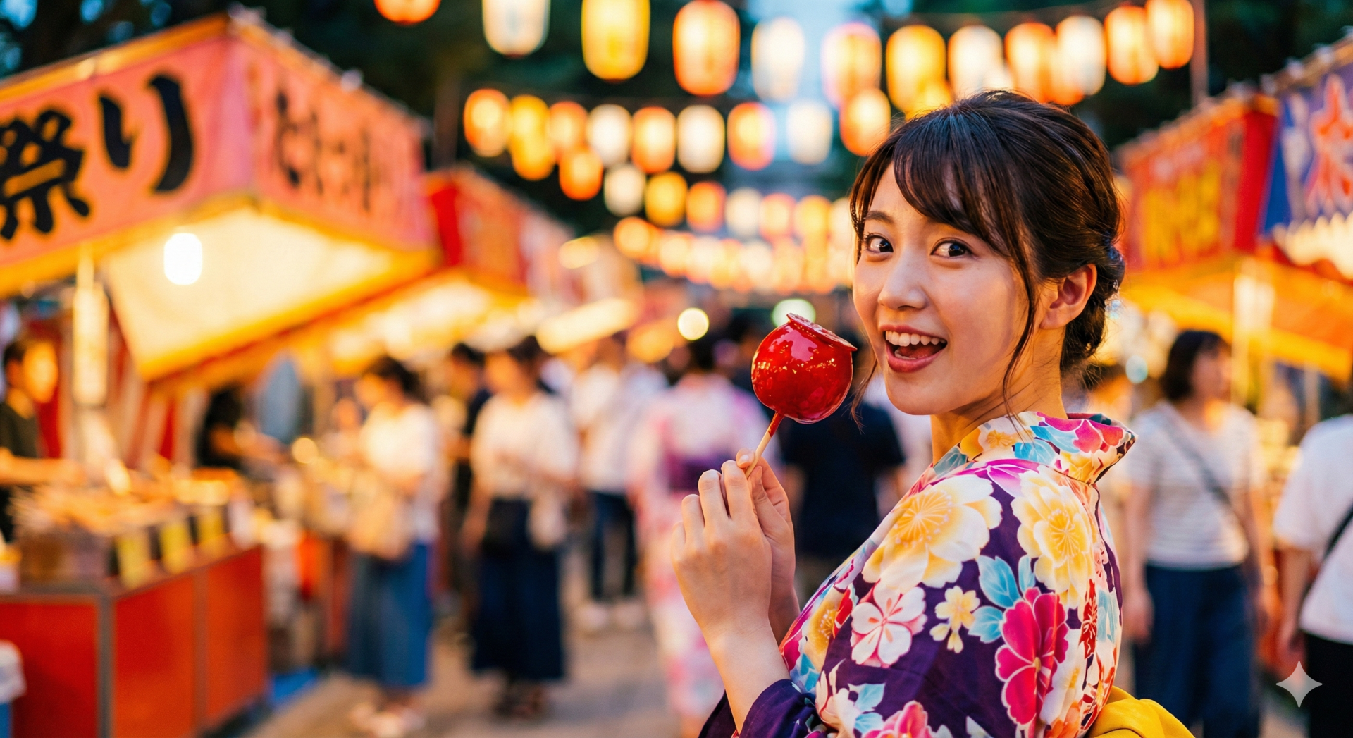 夏の夜祭りでりんご飴を持って笑顔で振り返る浴衣姿の女性 夏祭りの夜、浴衣姿でりんご飴を持って笑顔を見せる女性。背景は提灯の光と人混み。