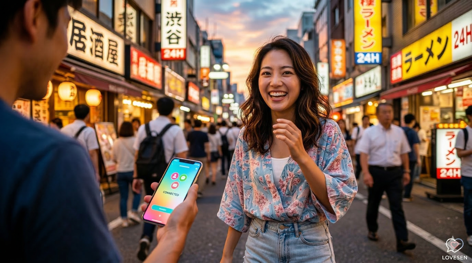 東京の夕暮れ - スマホで繋がる喜びの笑顔と輝く瞳 夕暮れの東京の街角で、男性のスマホ画面を見て喜ぶ笑顔の日本人女性