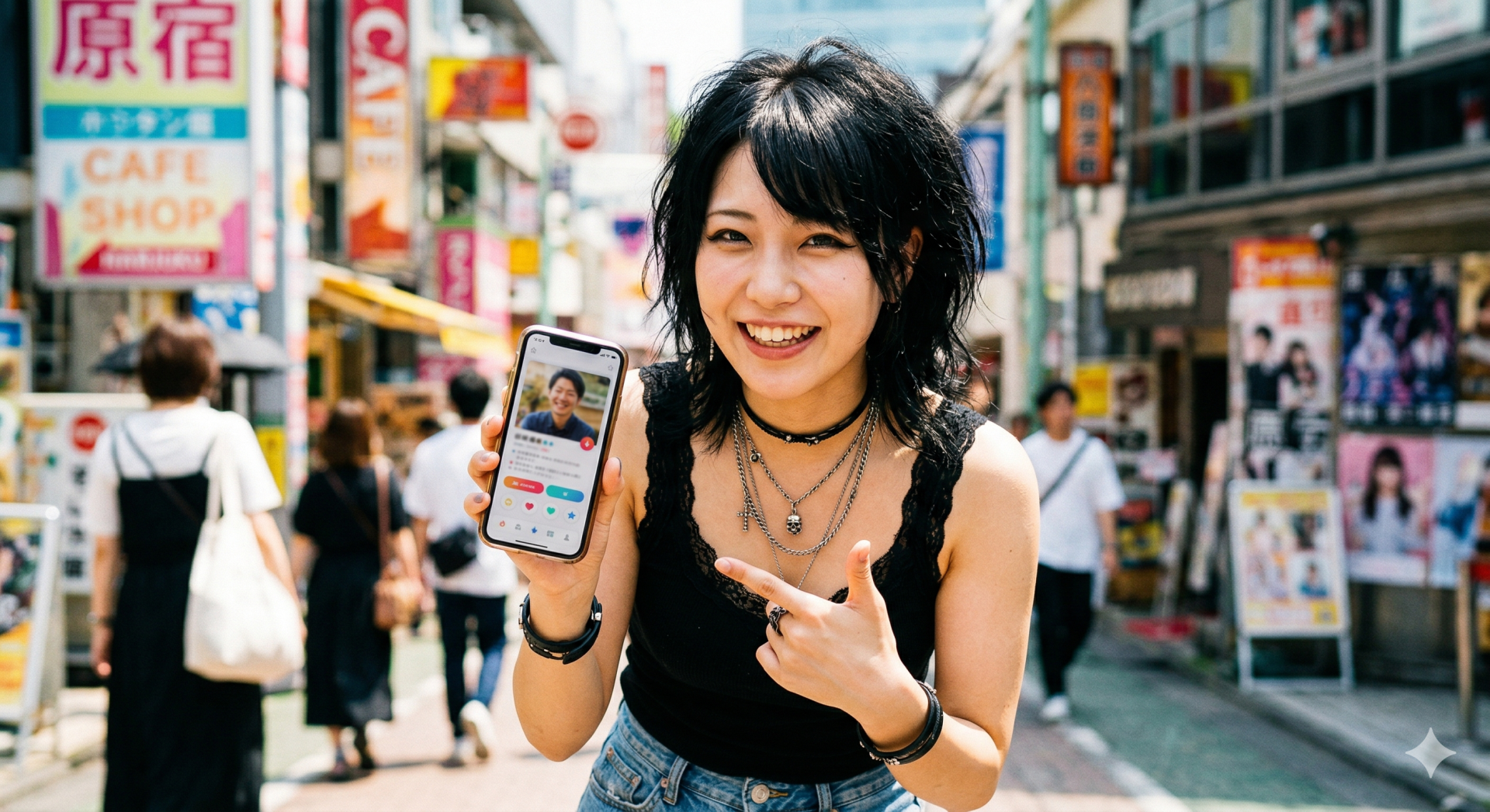 原宿の街角で、笑顔の日本人女性が黒いタンクトップ姿で、男性のプロフィールが表示されたマッチングアプリのスマートフォン画面を指さしている
