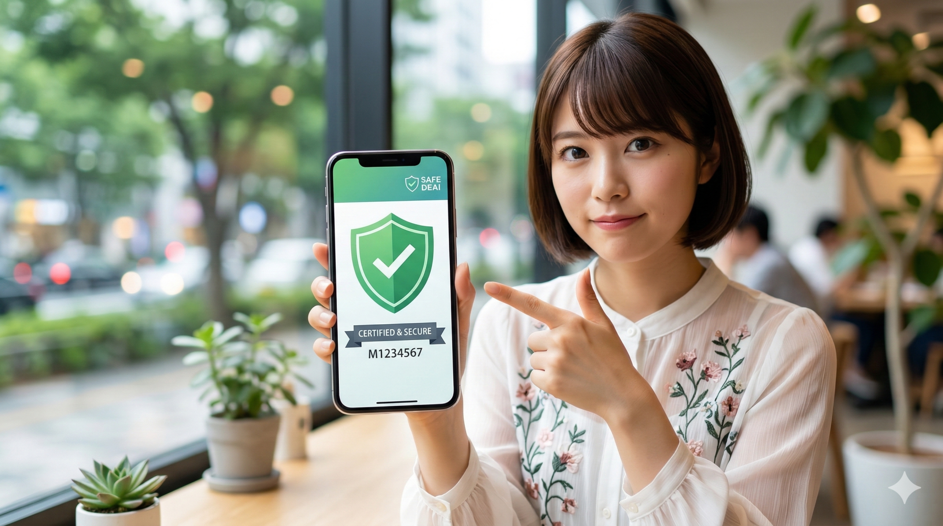 花の刺繍のブラウスを着たボブヘアの女性が、東京のカフェの窓辺で、『CERTIFIED & SECURE』と表示されたスマートフォンの認証済み画面を笑顔で指さしています