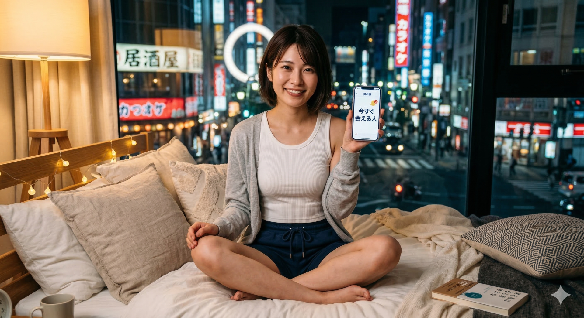 ベッドの上でスマホを持つ日本人女性。画面には日本語で「今すぐ会える人」と表示されており、背景には都会の夜景が広がっている
