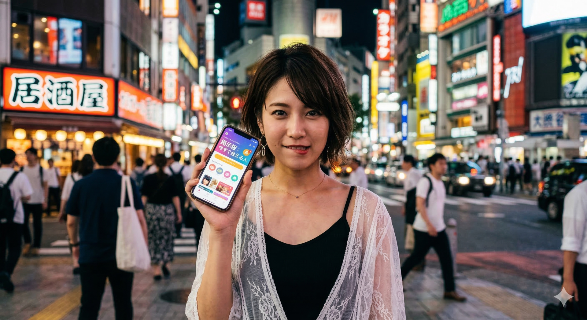 東京の夜の街に立つ、出会い系アプリの画面を見せる日本人女性