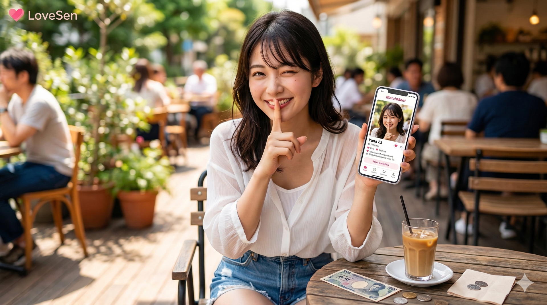 カフェのテラス席で、白いブラウス姿の女性がウインクしながら口元に指を当て、マッチングアプリ画面を表示したスマートフォンを持っている。