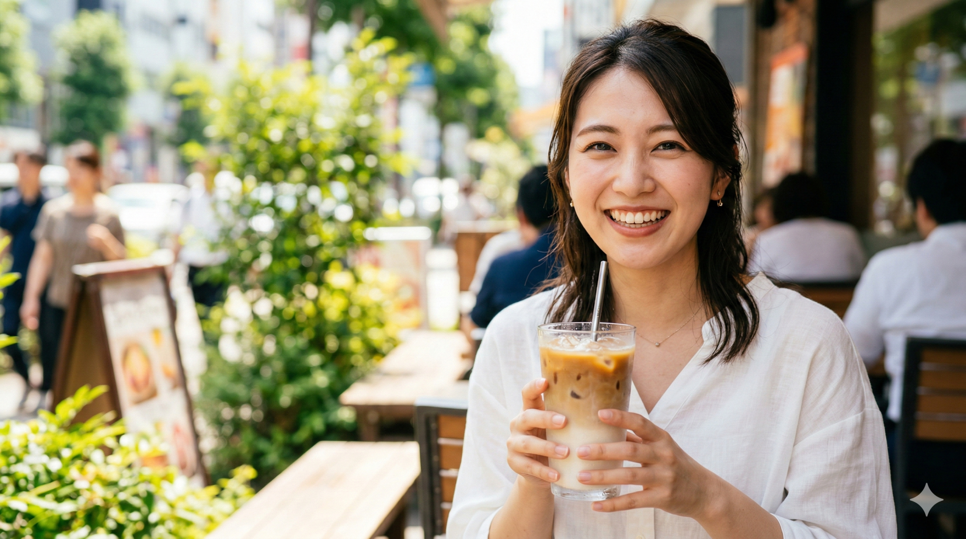 夏のオープンカフェでアイスラテのグラスを持って微笑む日本人女性